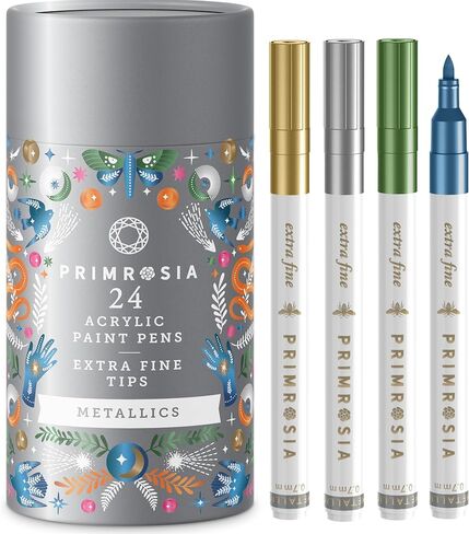 Primrosia 24 Metallic Acrylic Paint Pens with Extra Large Ink Capacity, Multi-Surface Paint Markers for Rock Painting, Glass, Fabric, Plastic & Paper. Premium Shimmer Artist Pens in Designer Gift Tube in Saudi Arabia