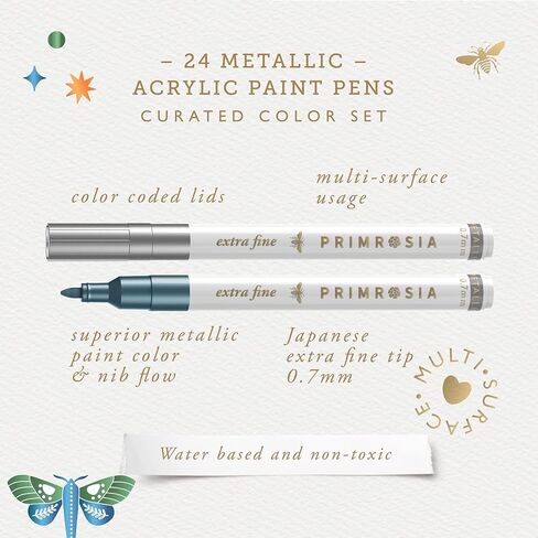 Primrosia 24 Metallic Acrylic Paint Pens with Extra Large Ink Capacity, Multi-Surface Paint Markers for Rock Painting, Glass, Fabric, Plastic & Paper. Premium Shimmer Artist Pens in Designer Gift Tube in Saudi Arabia