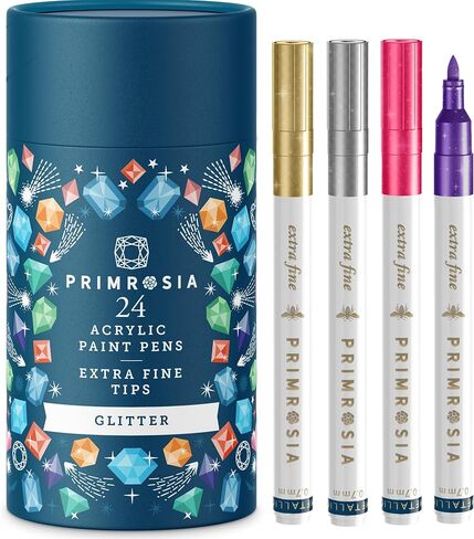 Primrosia 24 Metallic Acrylic Paint Pens with Extra Large Ink Capacity, Multi-Surface Paint Markers for Rock Painting, Glass, Fabric, Plastic & Paper. Premium Shimmer Artist Pens in Designer Gift Tube in Saudi Arabia