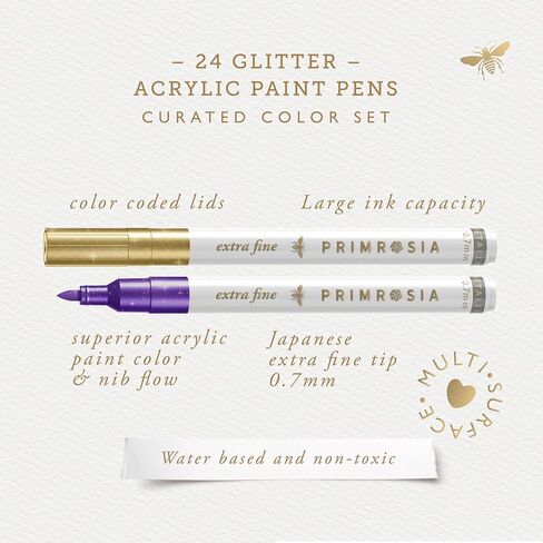 Primrosia 24 Metallic Acrylic Paint Pens with Extra Large Ink Capacity, Multi-Surface Paint Markers for Rock Painting, Glass, Fabric, Plastic & Paper. Premium Shimmer Artist Pens in Designer Gift Tube in Saudi Arabia