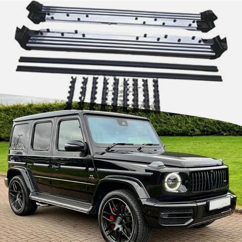 قطعتان من لوحات الجري لبنز G-Class W464 G63 G350 G500 2019-2025 مجموعة كاملة من الخطوات الجانبية للسيارة Nerf Bar لوحة سوداء مطورة جديدة مع جزيئات مضادة للانزلاق باللونين الأبيض والأسود (للمركبات المخصصة فقط) in Saudi Arabia