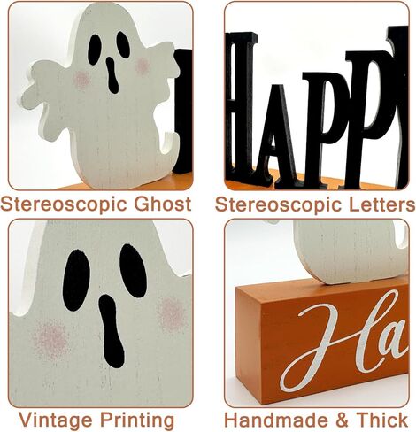 Halloween Decorations Indoor Boo Ghost Pumpkin Wooden Block Trick of Treat Sign Rustic Farmhouse Home Table Top Decor for Fireplace Tier Tray Mantle Haunted House Shelf in Saudi Arabia