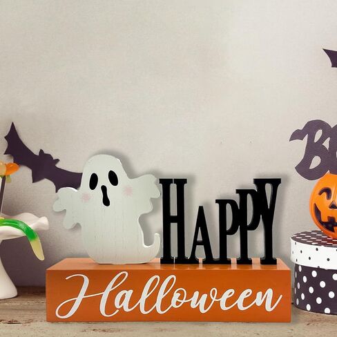 Halloween Decorations Indoor Boo Ghost Pumpkin Wooden Block Trick of Treat Sign Rustic Farmhouse Home Table Top Decor for Fireplace Tier Tray Mantle Haunted House Shelf in Saudi Arabia