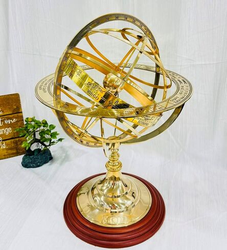 18" Antique Zodiac Armillary Brass Sphere Globe Wooden base Pirate's Antique Ship Nautical Sphere Globe Astrolabe Armillary Astrolabium Decorative (Brass 18 inch) in Saudi Arabia