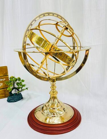 18" Antique Zodiac Armillary Brass Sphere Globe Wooden base Pirate's Antique Ship Nautical Sphere Globe Astrolabe Armillary Astrolabium Decorative (Brass 18 inch) in Saudi Arabia