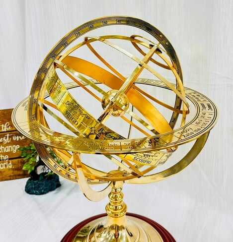 18" Antique Zodiac Armillary Brass Sphere Globe Wooden base Pirate's Antique Ship Nautical Sphere Globe Astrolabe Armillary Astrolabium Decorative (Brass 18 inch) in Saudi Arabia