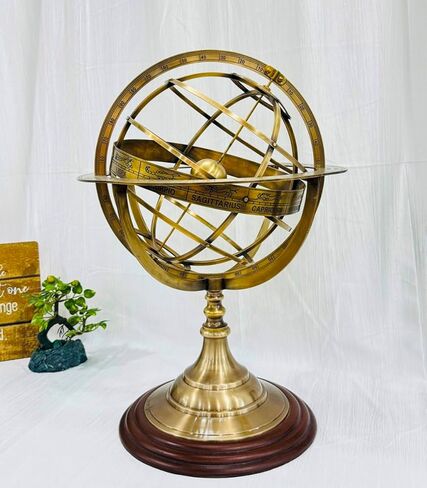 18" Antique Zodiac Armillary Brass Sphere Globe Wooden base Pirate's Antique Ship Nautical Sphere Globe Astrolabe Armillary Astrolabium Decorative (Brass 18 inch) in Kuwait