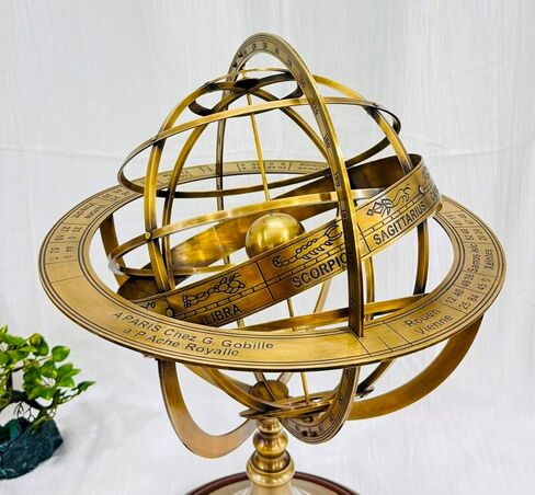 18" Antique Zodiac Armillary Brass Sphere Globe Wooden base Pirate's Antique Ship Nautical Sphere Globe Astrolabe Armillary Astrolabium Decorative (Brass 18 inch) in Kuwait