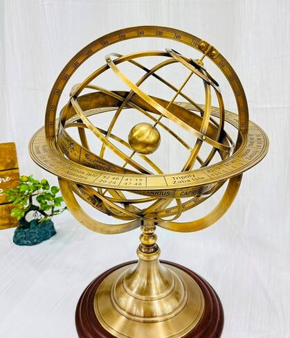 18" Antique Zodiac Armillary Brass Sphere Globe Wooden base Pirate's Antique Ship Nautical Sphere Globe Astrolabe Armillary Astrolabium Decorative (Brass 18 inch) in Kuwait