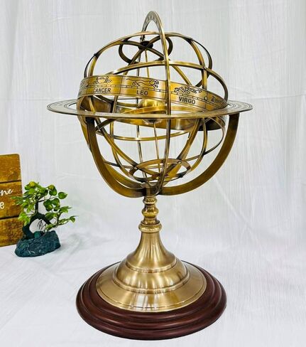 18" Antique Zodiac Armillary Brass Sphere Globe Wooden base Pirate's Antique Ship Nautical Sphere Globe Astrolabe Armillary Astrolabium Decorative (Brass 18 inch) in Kuwait
