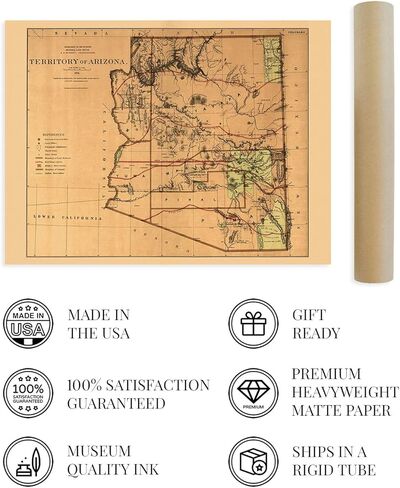 HISTORIX Vintage 1876 Arizona Territory Map - 18x24 Inch Vintage Arizona Map - Old Arizona Territory Map - Historic Map of Arizona Wall Art from The Official Records of General Land Office in Saudi Arabia