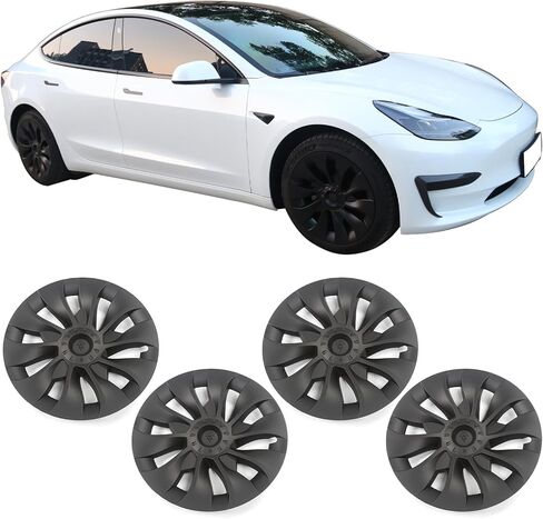 IKON MOTORSPORTS، غطاء عجلة مقاس 18 بوصة متوافق مع طراز Tesla 2017-2023 3، أغطية محور ABS طراز الرعد الأسود غير اللامع، غطاء حافة غطاء العجلة الخارجي للملحقات الخارجية، 4 عبوات in Kuwait