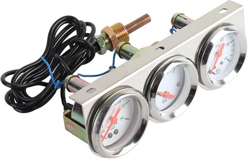 Aramox UniversalTriple Gauge Set Chrome 3-Gauge Mechanical Kit, Volt, Water Temp Gauge, Oil Pressure Gauge 52mm for 12V Car with White Face Dial Black Marking in Saudi Arabia