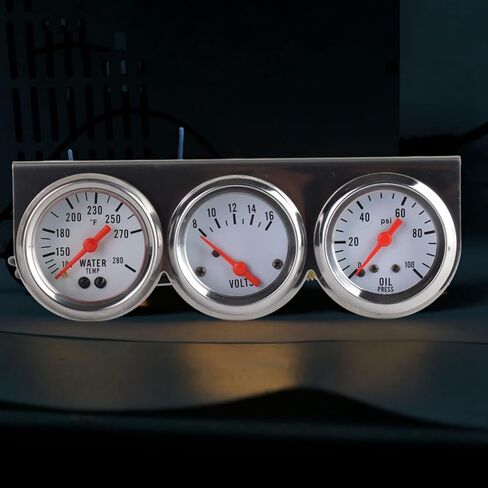 Aramox UniversalTriple Gauge Set Chrome 3-Gauge Mechanical Kit, Volt, Water Temp Gauge, Oil Pressure Gauge 52mm for 12V Car with White Face Dial Black Marking in Saudi Arabia