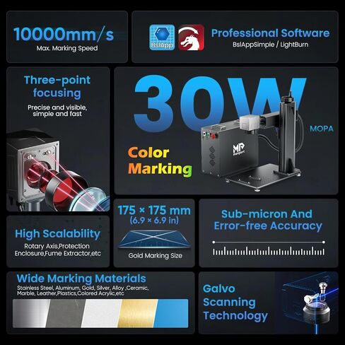 Monport 30W Fiber Laser Engraver & Rotary Axis and Lightburn، آلة وضع العلامات بالليزر MOPA بالألوان مع عدسة 6.9 × 6.9 بوصة دليل النقطة الحمراء التركيز اليدوي للمعادن الألومنيوم الذهب الصلب المزيد in Kuwait