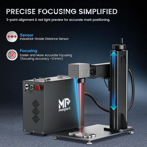 Monport 30W Fiber Laser Engraver & Rotary Axis and Lightburn، آلة وضع العلامات بالليزر MOPA بالألوان مع عدسة 6.9 × 6.9 بوصة دليل النقطة الحمراء التركيز اليدوي للمعادن الألومنيوم الذهب الصلب المزيد in Kuwait