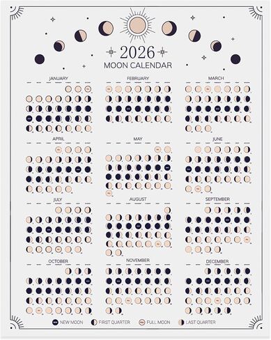 تقويم حائط 2026 - ملصق مراحل القمر، 11 × 14 بوصة تقويم قمري لدورة اكتمال القمر، ملصق فني جداري لتعقب القمر، ديكورات تقويم علم التنجيم، هدايا لمحبي القمر (أسود) in Kuwait