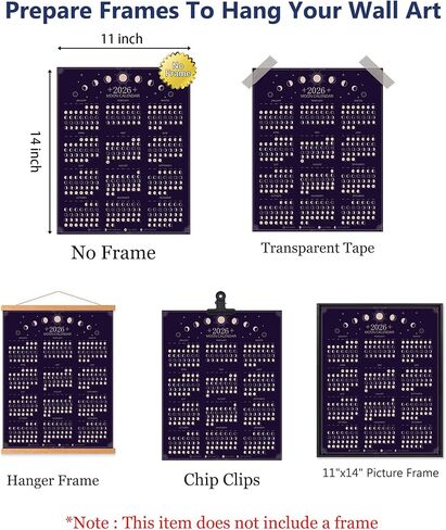 2026 Wall Calendar - Moon Phases Poster, 11 x 14 inches Hangable Full Moon Cycle Lunar Calendar, Moon Tracker Wall Art Poster, Astrology Calendar Decorations, Moon Lover Gifts (Black) in Kuwait