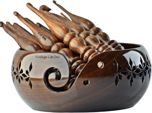 DnU Avenue Sheesham Wood Set of 13 Ergonomic Crochet Hooks 3.5 MM to 12 MM, Wooden Yarn Crochet Hooks for Arthritic Hands, Knitting & Crochet Storage, Soft Grip, Wood finish, Brown (Hooks with Bowl B) in Saudi Arabia