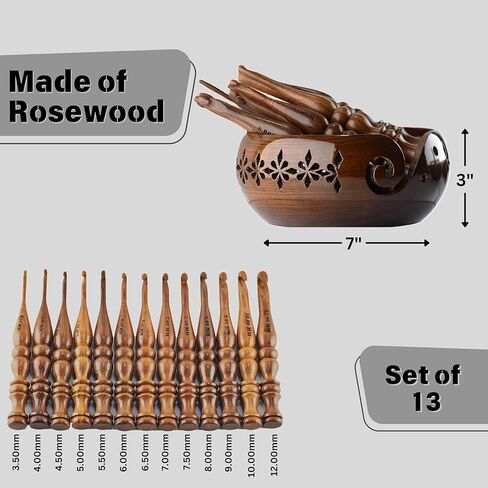 DnU Avenue Sheesham Wood Set of 13 Ergonomic Crochet Hooks 3.5 MM to 12 MM, Wooden Yarn Crochet Hooks for Arthritic Hands, Knitting & Crochet Storage, Soft Grip, Wood finish, Brown (Hooks with Bowl B) in Saudi Arabia
