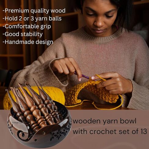 DnU Avenue Sheesham Wood Set of 13 Ergonomic Crochet Hooks 3.5 MM to 12 MM, Wooden Yarn Crochet Hooks for Arthritic Hands, Knitting & Crochet Storage, Soft Grip, Wood finish, Brown (Hooks with Bowl B) in Saudi Arabia