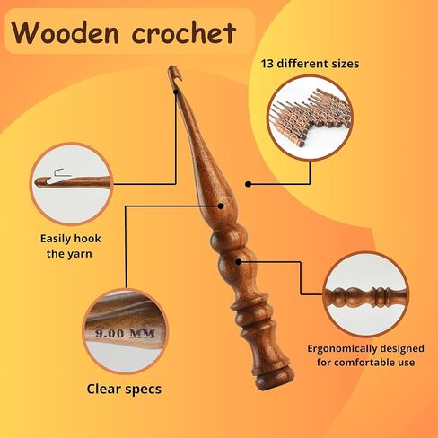 DnU Avenue Sheesham Wood Set of 13 Ergonomic Crochet Hooks 3.5 MM to 12 MM, Wooden Yarn Crochet Hooks for Arthritic Hands, Knitting & Crochet Storage, Soft Grip, Wood finish, Brown (Hooks with Bowl B) in Saudi Arabia