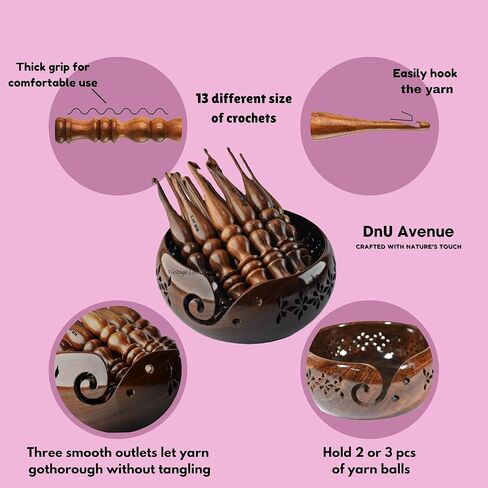 DnU Avenue Sheesham Wood Set of 13 Ergonomic Crochet Hooks 3.5 MM to 12 MM, Wooden Yarn Crochet Hooks for Arthritic Hands, Knitting & Crochet Storage, Soft Grip, Wood finish, Brown (Hooks with Bowl B) in Saudi Arabia