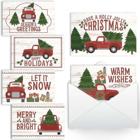 Hadley Designs Blank Christmas Cards With Envelopes - 24 Winter Holiday Cards With Envelopes, Business Happy Holidays Card Bulk, Red Truck Seasons Greeting Card for Family & Friends, Designed in USA in Saudi Arabia