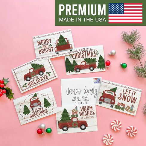 Hadley Designs Blank Christmas Cards With Envelopes - 24 Winter Holiday Cards With Envelopes, Business Happy Holidays Card Bulk, Red Truck Seasons Greeting Card for Family & Friends, Designed in USA in Saudi Arabia