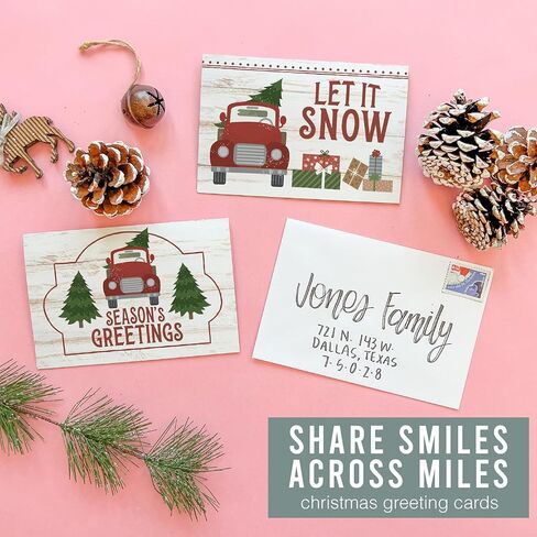 Hadley Designs Blank Christmas Cards With Envelopes - 24 Winter Holiday Cards With Envelopes, Business Happy Holidays Card Bulk, Red Truck Seasons Greeting Card for Family & Friends, Designed in USA in Saudi Arabia