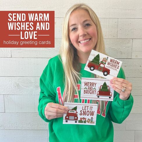 Hadley Designs Blank Christmas Cards With Envelopes - 24 Winter Holiday Cards With Envelopes, Business Happy Holidays Card Bulk, Red Truck Seasons Greeting Card for Family & Friends, Designed in USA in Saudi Arabia