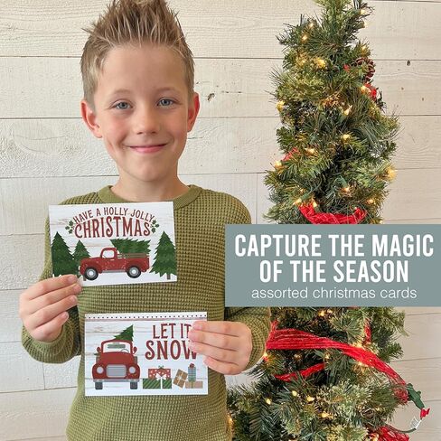 Hadley Designs Blank Christmas Cards With Envelopes - 24 Winter Holiday Cards With Envelopes, Business Happy Holidays Card Bulk, Red Truck Seasons Greeting Card for Family & Friends, Designed in USA in Saudi Arabia