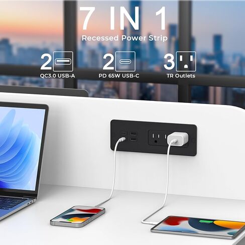 شريط طاقة مجوف مع شاحن لاسلكي بقدرة 15 وات، شريط طاقة Haiaoyyds Flush Mount مع منفذين، 2 USB، وكابل توصيل مسطح بطول 6.56 قدم، ومنفذ غائر للأثاث للدرج، وطاولة النهاية، والأريكة، والخزانة in Kuwait