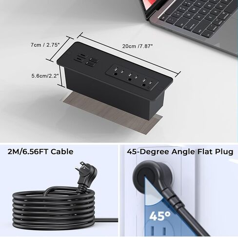 شريط طاقة مجوف مع شاحن لاسلكي بقدرة 15 وات، شريط طاقة Haiaoyyds Flush Mount مع منفذين، 2 USB، وكابل توصيل مسطح بطول 6.56 قدم، ومنفذ غائر للأثاث للدرج، وطاولة النهاية، والأريكة، والخزانة in Kuwait