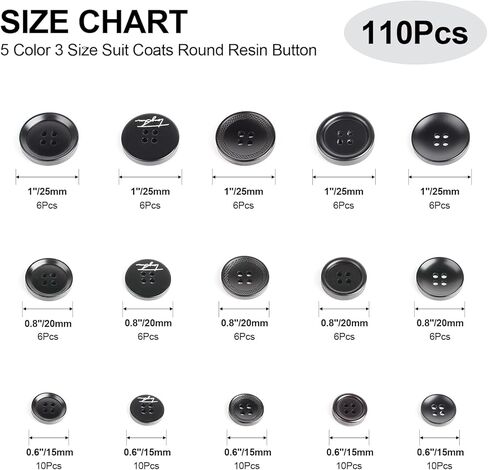 110Pcs Mixed Sewing Buttons, 4-Hole Craft Round Blazer Buttons, 5 Color 3 Size (15mm, 20mm, 25mm) Suit Coats Resin Button, Suitable for Variety Clothing Sewing, DIY Craft (Coffee Color) in Kuwait