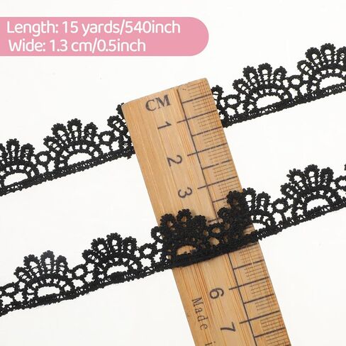 Black Lace Ribbon, 1/2'' × 15 Yards Crocheted Lace Trim for Sewing Vintage Scalloped Edge Lac Fabric for Crafts, Gift Wrapping, DIY Sewing Making, Scrapbooking, Wedding Bouquet Decorations in Saudi Arabia