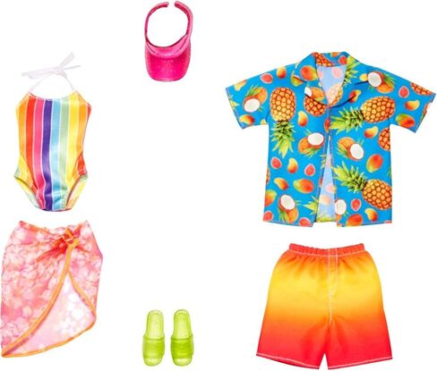 Barbie & Ken Fashions 2-Pack Clothing & Accessories Set, 1 Swimsuit, Sarong & Visor for Barbie Doll & 1 Tropical Shirt, Swimsuit & Shoes for Ken Doll in Saudi Arabia