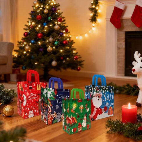 أكياس هدايا عيد الميلاد قابلة لإعادة الاستخدام غير منسوجة مع مقابض 12 قطعة من حقائب هدايا عيد الميلاد اللطيفة وحقائب هدايا عيد الميلاد لتغليف هدايا حفلات عيد الميلاد وعيد الميلاد، 9*8.6*4.3 بوصة in Kuwait