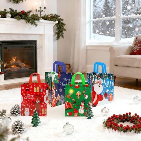 أكياس هدايا عيد الميلاد قابلة لإعادة الاستخدام غير منسوجة مع مقابض 12 قطعة من حقائب هدايا عيد الميلاد اللطيفة وحقائب هدايا عيد الميلاد لتغليف هدايا حفلات عيد الميلاد وعيد الميلاد، 9*8.6*4.3 بوصة in Kuwait