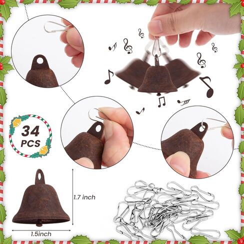 MCPINKY Craft Bells, 34PCS Bronze Jingle Bells Vintage Bells (1.7" X 1.5") Small Brass Bells with Spring Hooks Hanging for Wind Chimes Housebreaking Doorbell Christmas Tree Wedding Decor DIY Favor in Kuwait