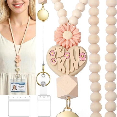 1 Pcs Teacher Breakaway Lanyard, Wooden Beaded Lanyard with ID Holder and Retractable Badge Reel, Cute Teacher Lanyards for Women, Keys Clip, Safety Breakaway, Office Classroom in Saudi Arabia