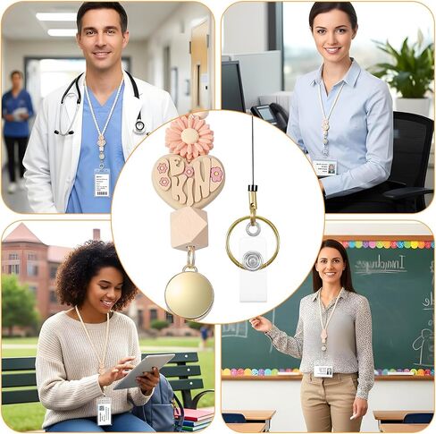 1 Pcs Teacher Breakaway Lanyard, Wooden Beaded Lanyard with ID Holder and Retractable Badge Reel, Cute Teacher Lanyards for Women, Keys Clip, Safety Breakaway, Office Classroom in Saudi Arabia