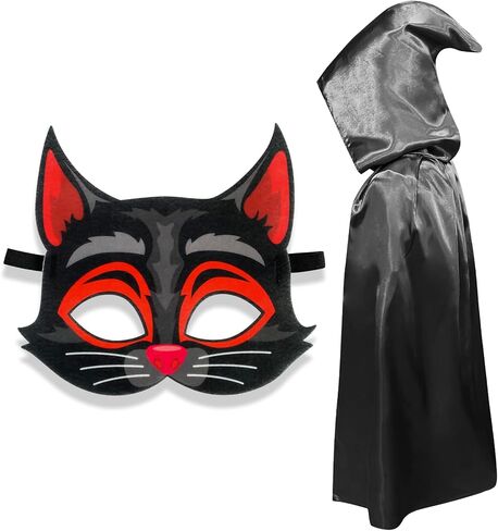 قناع رأس الهالوين للأطفال، عباءة بغطاء للرأس، قناع اللباد، أزياء الهالوين للمهرج الساحر الشيطان القط الأسود in Kuwait