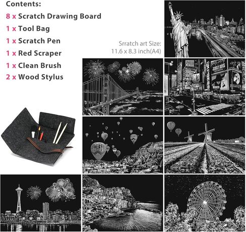 مجموعات الرسم الفني للخدش للبالغين والأطفال، لوحة رسم قوس قزح للرؤية الليلية (A4)، مجموعة الحرف اليدوية: 8 أوراق بطاقات للخدش مع 6 أدوات في الحقيبة - مجموعة الأعمال الفنية الإبداعية (مبنى تاريخي) in Kuwait