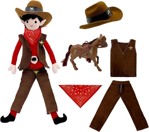 Christmas Elf Doll Props & Accessories Set，Western Cowboy Clothing Suit with Hat, Bandana, Shirt Pants and Lasso Rope Santa Clothing，Doll Not Included in Saudi Arabia