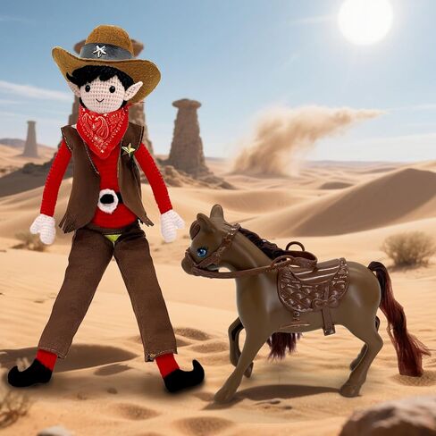 Christmas Elf Doll Props & Accessories Set，Western Cowboy Clothing Suit with Hat, Bandana, Shirt Pants and Lasso Rope Santa Clothing，Doll Not Included in Saudi Arabia
