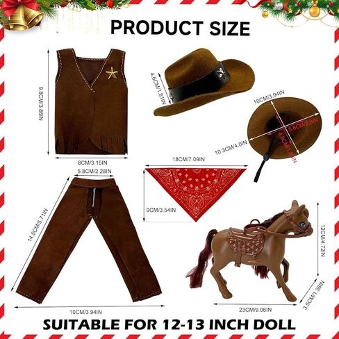 Christmas Elf Doll Props & Accessories Set，Western Cowboy Clothing Suit with Hat, Bandana, Shirt Pants and Lasso Rope Santa Clothing，Doll Not Included in Saudi Arabia