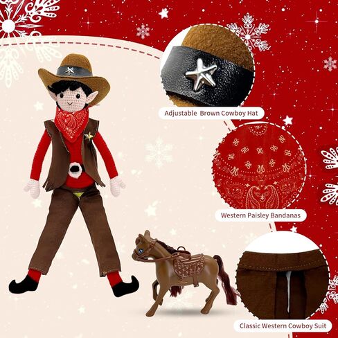 Christmas Elf Doll Props & Accessories Set，Western Cowboy Clothing Suit with Hat, Bandana, Shirt Pants and Lasso Rope Santa Clothing，Doll Not Included in Saudi Arabia