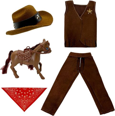Christmas Elf Doll Props & Accessories Set，Western Cowboy Clothing Suit with Hat, Bandana, Shirt Pants and Lasso Rope Santa Clothing，Doll Not Included in Saudi Arabia
