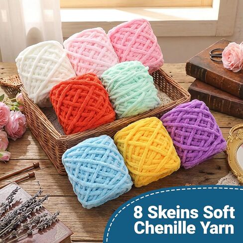8 Pack Chunky Chenille Yarn for Crocheting, Thick Bulky Fluffy Soft Yarn for Hand Knitting, Velvet Blanket Yarn for Crafts Beginner DIY, Each Skein 3.5 oz 55 Yards (Multicolor) in Kuwait